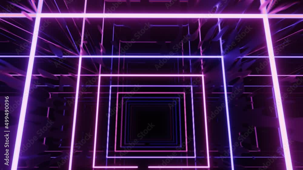 Poster 4k seamless looped animation. fly through mirror tunnel with neon pattern, glow lines form sci fi pa