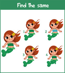 Find the same mermaid. Educational game for children. Vector illustration.
