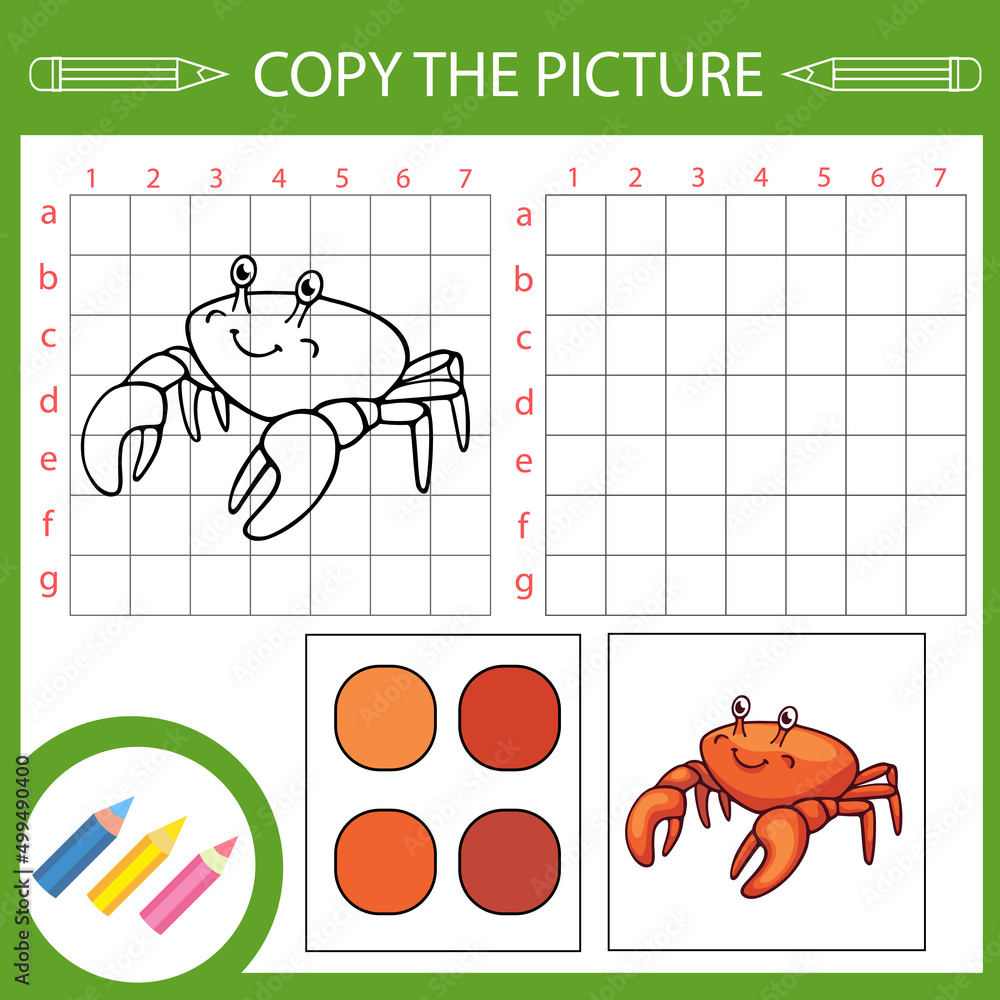 Wall mural copy drawing of crab. vector draw worksheet with funny riddle. kids activity page and education game