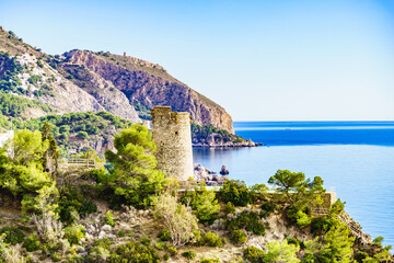 Spanish sea coast with tower, Andalusia