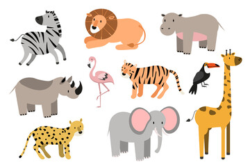 Obraz na płótnie Canvas African animals cartoon vector set. elephant, rhino, giraffe, cheetah, zebra, lion, hippo, and outhers. safari isolated illustration. EPS