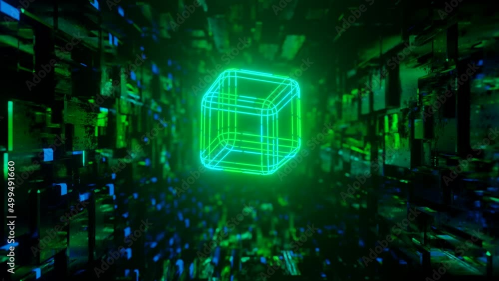 Poster 3d object or structure rotates and moves inside glass mirror tunnel with neon light, bright reflecti