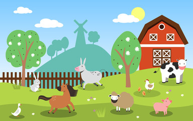 Obraz premium Vector illustration of farm animals such as cow, horse, pig, sheep, chicken, rabbit with barn and windmill. EPS