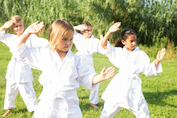 Positive children wearing white sports uniform practicing karate in park