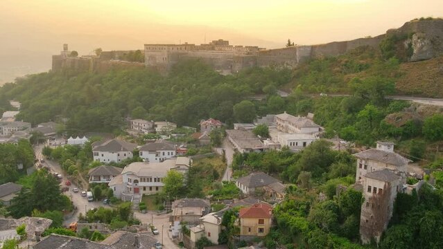 Gjirokastra cityscape at sunrise in Southern Albania