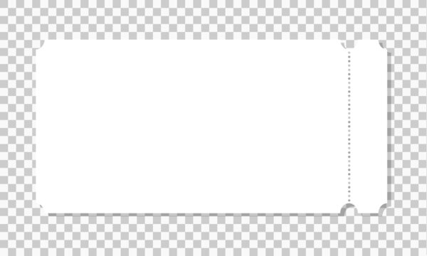 Ticket mockup. Empty paper lottery template. Blank entry or seating card for event, concert, movie, museum, festival, theater, exhibition isolated on transparent background. Vector illustration