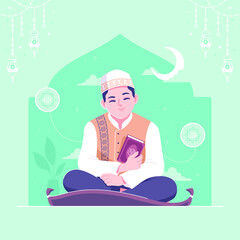 islamic boy character holding quran illustration