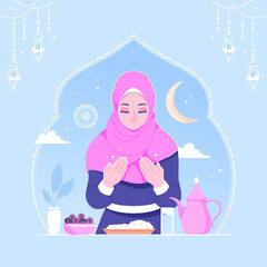 islamic woman pray before eating illustration