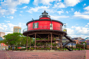Seven Foot Knoll Lighthouse is the oldest screw-pile lighthouse in Inner Harbor Baltimore,...