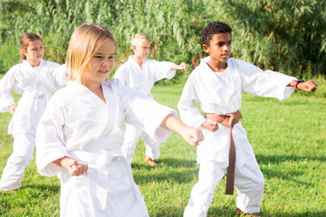 Naklejka na ściany i meble Positive children wearing white sports uniform practicing karate in park