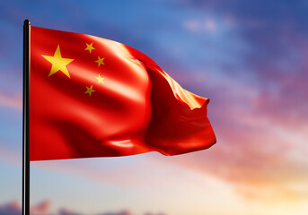 Chinese flag on a bright blurry background. The flag of the People Republic of China on the flagpole. Five Starred Red Flag. PRC national symbol. 3d image
