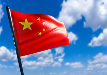 Waving Chinese flag. Red banner with yellow stars. Flag of the People Republic of China on the background of a blurry blue sky. PRC official symbol. Chinese paraphernalia. State symbolism. 3d image