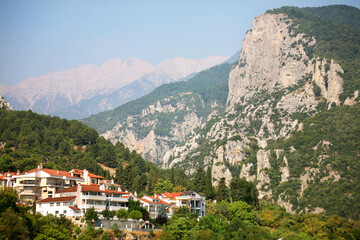 Fototapeta na wymiar A small town Litochoro, beneath the Mount Olympus in Greece. Litochoro is last village before climbing Mount Olympus.