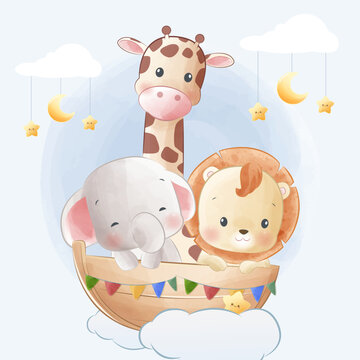 Cartoon vector illustration Cute baby elephant, giraffe and lion sitting in a boat above the clouds