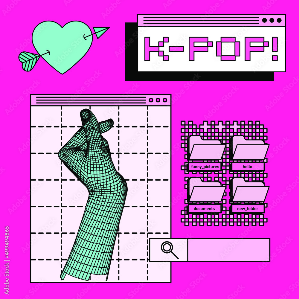 Poster 3D vector illustration of a low-poly hand showing Korean Finger Heart or Saranghae gesture with crisscrossing fingers and Collage of user interface elements.