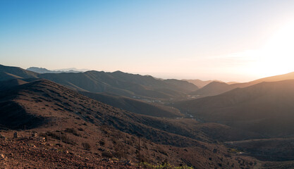 Sunset with beautiful warm colors in the mountains of the Canary Island of Fuerteventura