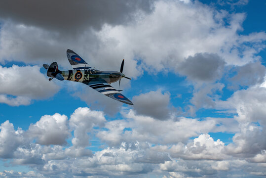 Moose Jaw, Saskatchewan, Canada- July 7, 2019: Supermarine Spitfire Mk IX flying at the Saskatchewan Airshow
