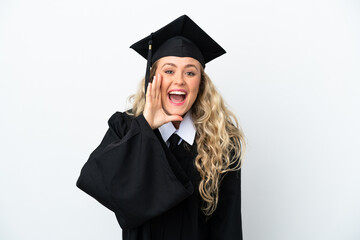 Young university graduate woman isolated on white background shouting with mouth wide open