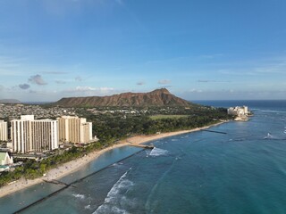 Morning shadows over the ocean and beach in Waikiki Beach, Honolulu Hawaii