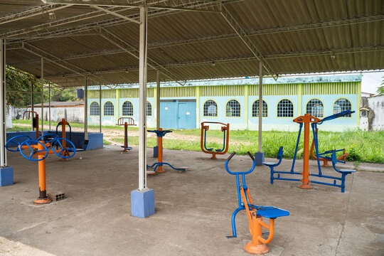 Vintage playground for doing physical exercises, next the market square, in San Joaquín, La Mesa, Cundinamarca, Colombia. 2022