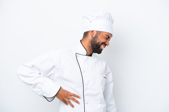 Young Brazilian chef man isolated on white background suffering from backache for having made an effort