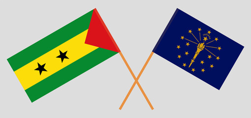 Crossed flags of Sao Tome and Principe and the State of Indiana. Official colors. Correct proportion