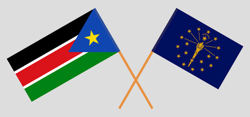 Crossed flags of South Sudan and the State of Indiana. Official colors. Correct proportion