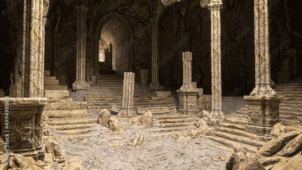 Poster ruin of old underground fantasy temple built in a mountain. 3d rendering.