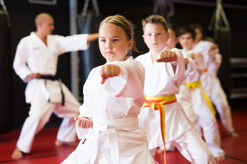 Fototapeta na wymiar Karate kids in kimono performing kata moves with their teacher in gym during group training.