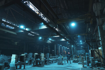 Heavy Industry, industrial production of metal manufacturing in foundry factory, workshop with...