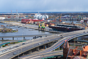 High angle view at overpass crossing Odra river in Szczecin town. Poland. City is divided by river into left and right city parts.