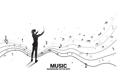Vector silhouette of conductor standing with flying music note . Concept background for orchestra concert and recreation. - obrazy, fototapety, plakaty