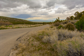 Highway 50 the Loneliest Road USA. Horizontal photograph looking west from Eureka Nevada desert for one hundred miles Photo has storm clouds over distant mountains green grass, trees an asphalt road  