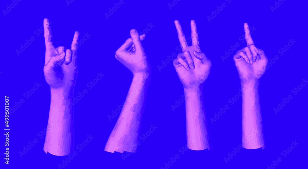 Poster set of 3d low-poly hand models made of polygonal wireframe. futuristic style illustration.