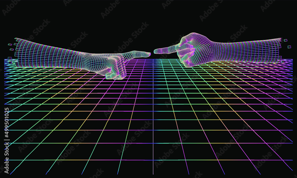 Poster low polygonal 3d hands going to touch together. vector illustration in retrofuturistic vaporwave sty