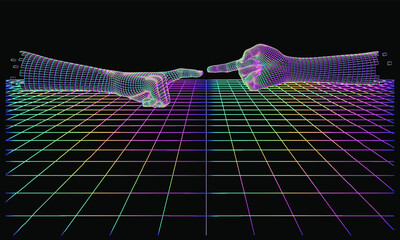 Low polygonal 3D hands going to touch together. Vector illustration in retrofuturistic vaporwave style. - obrazy, fototapety, plakaty