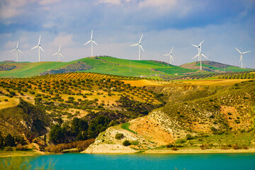 Hilly landscape with wind turbines, Spain