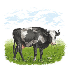 cow is standing nibbling grass sketch engraving illustration style