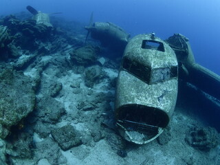 airplane wreck c47 dakota aircraft underwater propeller airplane engine metal on ocean floor scuba...