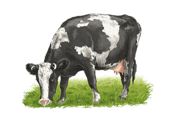 cow is standing nibbling grass sketch engraving illustration style