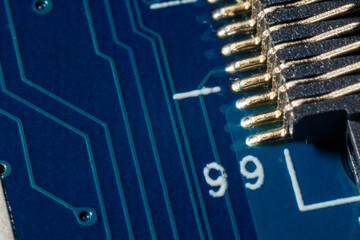 Background of computer board, microelectronics, chips. Macro photo.