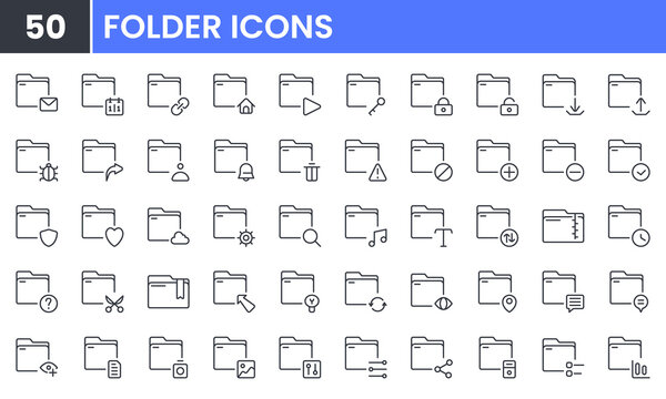 Minimal Folder vector line icon set. Contains linear outline icons like Folder Setting, Document, Repository, Sync, Network, Archive, Organize, Gallery, Directory.Editable use and stroke for web.