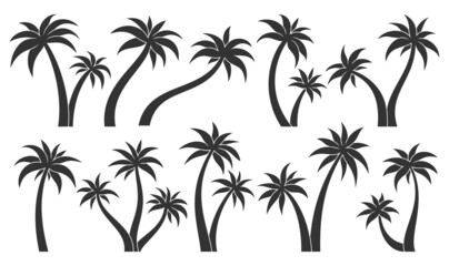 Palm tree tropic plant leaf stamp black glyph set. Tropical uninhabited island leafy subtropical silhouette sticker label various shape. Element postcard travel vacation summer forest isolated white