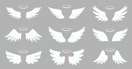 Angel wing halo white bird emblem flight sticker flat set. Vintage badge freedom decoration. Heraldic tattoo symbol. Air sky logo tribal sticker. Empty simple contour different shapes isolated