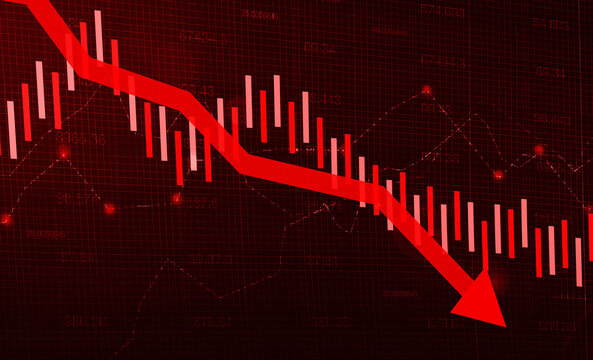 Stock Market Crash Red Abstract Background with Arrow Going Down. Market crash and finance concept backdrop