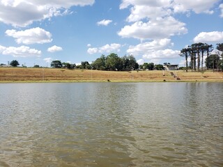 a beautiful lake, a blue sky and some trees