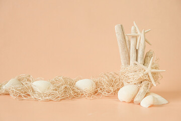 Driftwood sticks, white starfish and white fishing net on beige cream background.Natural wood decor in a nautical style.Summer sea composition in beige tones. driftwood background.