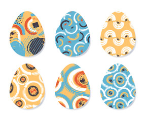Set of abstract Easter eggs. Collection of eggs with different color patterns. Colorful graphic design elements on a white background. Vector