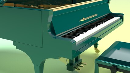 Deep Green Grand Piano under soft green-yellow background. 3D illustration. 3D CG. 3D high quality rendering.  