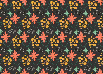 Hand-drawn floral background. Seamless pattern with abstract simple shapes for print, fabric, wrapping paper, packaging, product design, and wallpaper. 